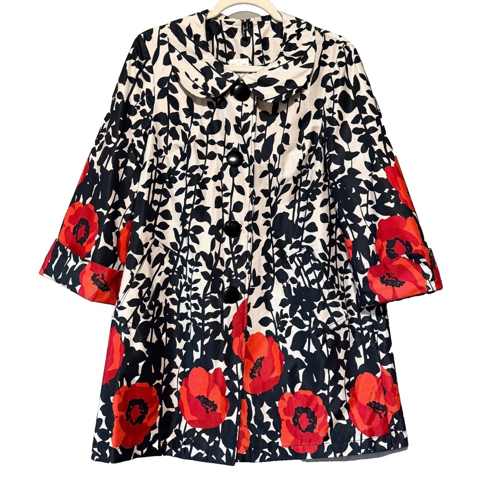 NWT Ambition Black/Red Floral Button Front All Weather/Rain Jacket Size Large